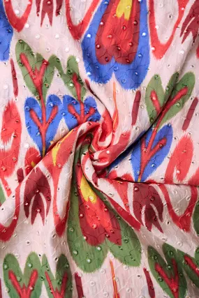 Contemporary Ikat Style Red Blue Summer Pattern With Mirror Work Detailing Chanderi Fabric