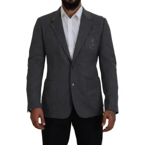 Dolce & Gabbana Elegant Gray Wool Blazer with Bee Crown Embroidery