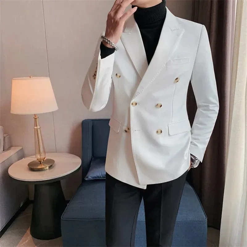 Men's British Style Slim Fit Double-Breasted Blazer – Business Casual Suit Jacket for Office, Weddings, and Groom Tuxedo