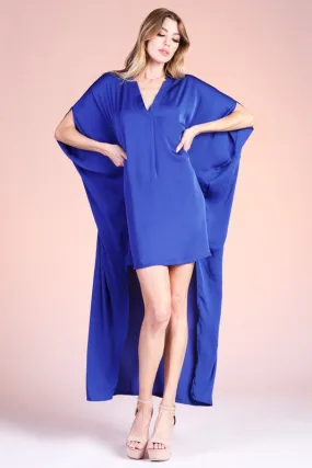 Royal Blue Washed Poly Silk Notched High Low Caftan Dress