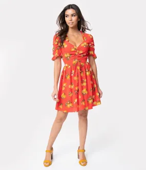 Smak Parlour Coral Red & Lemon Print Sweetheart Media Darling Fit & Flare Dress