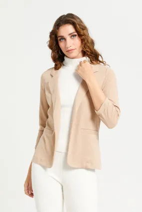 Women Beige Jacquard Knitted Lapel Collared Blazer